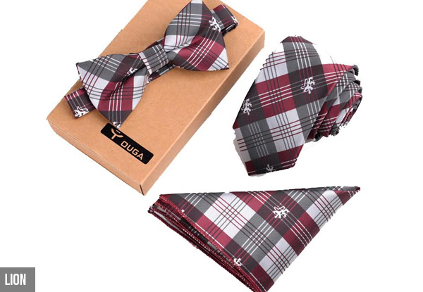 Three-Piece Tie, Bow Tie & Pocket Square Set - Nine Styles Available