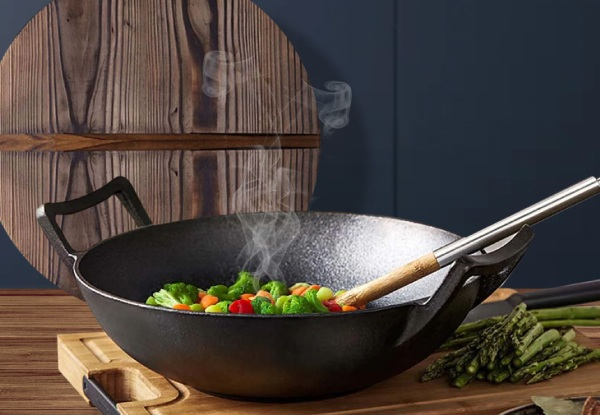 SOGA 36cm Commercial Cast Iron Wok Fry Pan with Wooden Lid