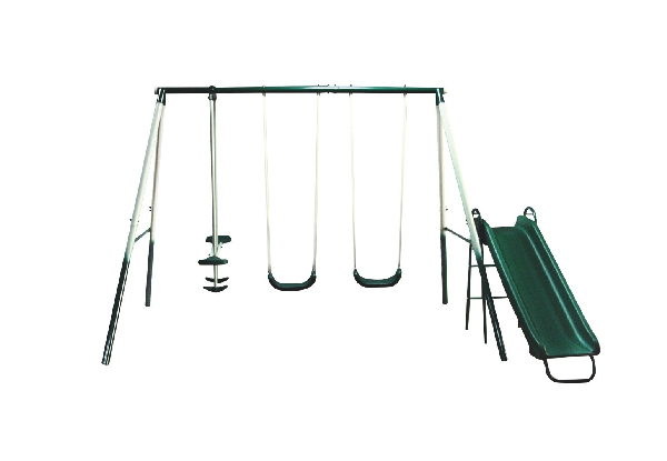 Heavy-Duty Steel Outdoor Swing Set with Two Swing Seats, Glider & Slide