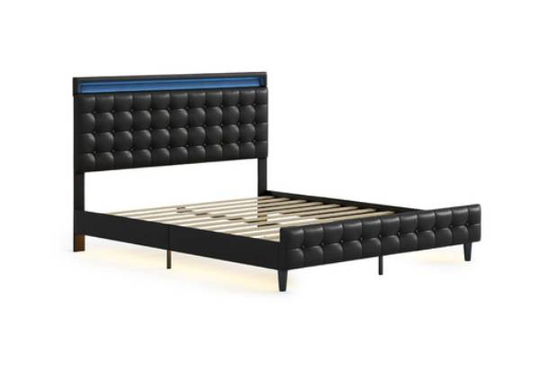 Upholstered Bed Frame with LED & Headboard - Available in Two Sizes