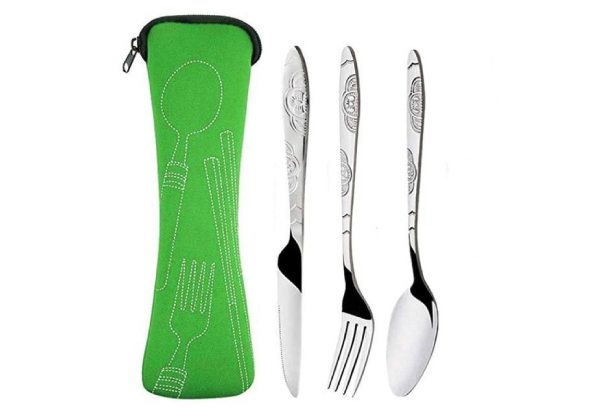 Three-Piece Portable Travel Camping Stainless Steel Cutlery Set with Bag - Available in Four Colours