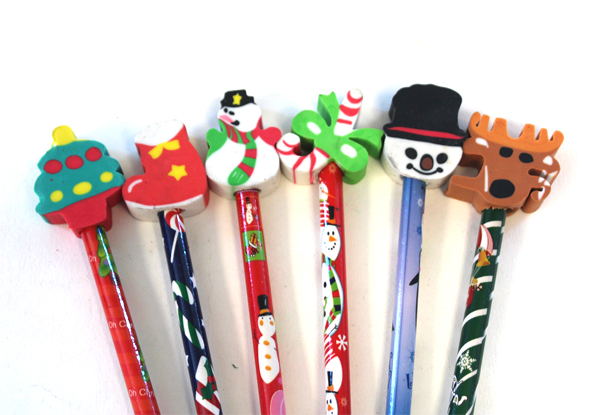 12-Pack Christmas Pencils with Erasers Set - Options for up to Six Sets