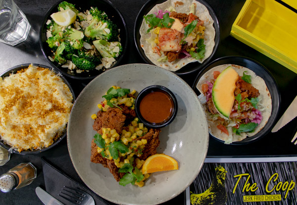 NEW MENU: Jerk Fried Chicken Tasting Selection for Two incl. Tacos, Two Sides & Two Drinks