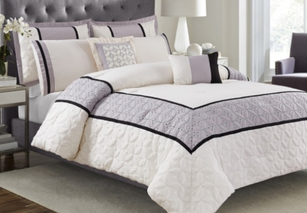 Seven-Piece Embroidered White & Grey Comforter Set - Three Sizes Available