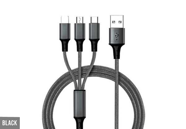Three-in-One Nylon Braided Charging Cable Compatible with Apple or Android - Three Colours Available