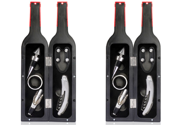 Five Piece Wine Bottle Opener Gift Set with Bottle Shaped Carry Case - Option for Two-Pack