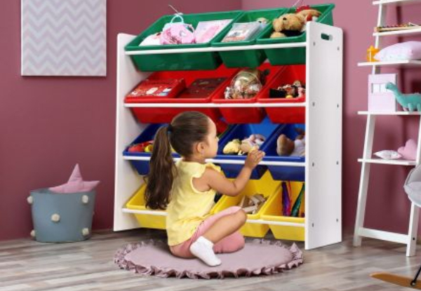 12-Bins Kids Toy Box Storage Rack - Option for 16-Bins