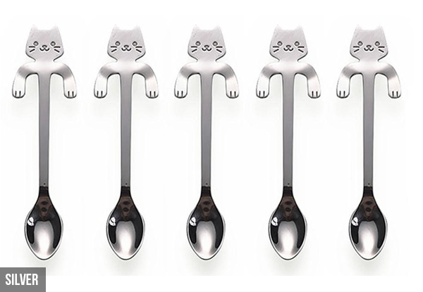 Set of Five or Ten Cat Spoons - Four Colours Available with Free Delivery