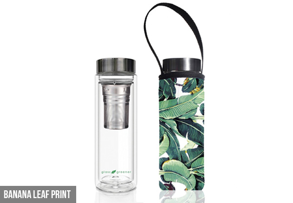 BBBYO 500ml Glass in Greener Double Wall Thermal Tea Flask with Carry Cover - Five Styles Available