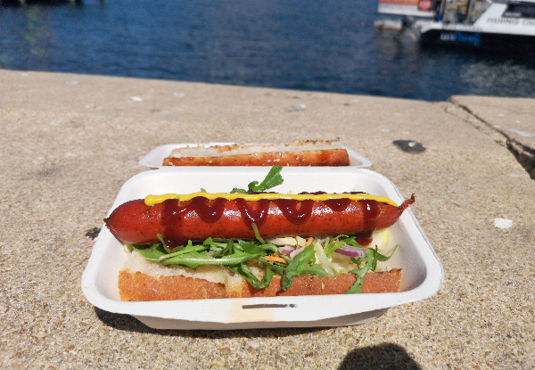 Gourmet Hot Dog with a Mild Spicy Bratwurst Sausage, Turkish Roll, Green Salad & Drink
