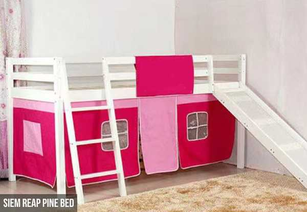 Children's Pine Cabin Bed with Slide & Tent - Option for Chiang Mai Blue or Siem Reap Pink Set