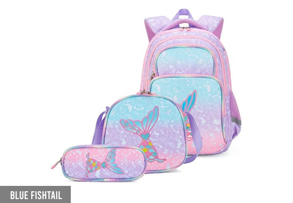 Three-Piece Reflective Stripe School Backpack with Lunch Box & Pencil Case - Four Styles Available