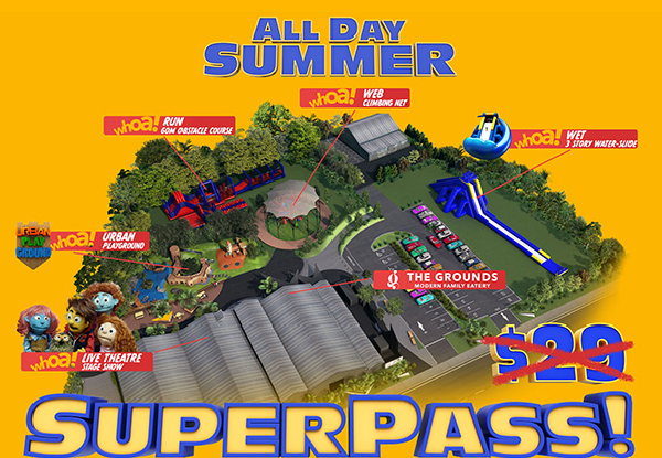 All New Whoa Studios Superpass incl. All Day Access to The Urban Park Playground, 60m Obstacle Course, Three-Storey Waterslide & Live Show Ticket to Mission Control Kids - Valid for Shows up to March 3rd 2019 - Options for up to Five Purchasers