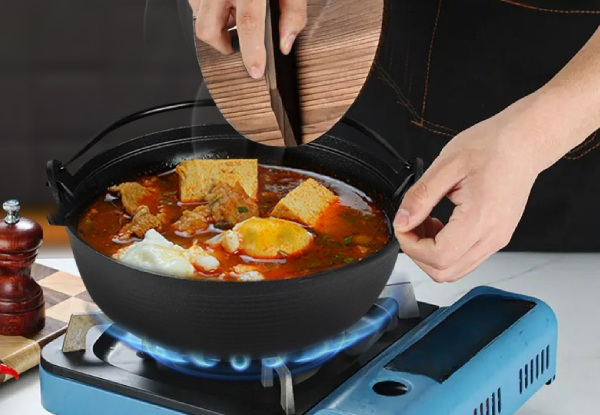 SOGA 25cm Cast Iron Japanese Style Sukiyaki Tetsu Nabe Shabu Hot Pot with Wooden Lid