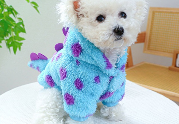 Thickened Blue Dinosaur Hooded Coat with Drawstring Buckle for Dogs - Five Sizes Available