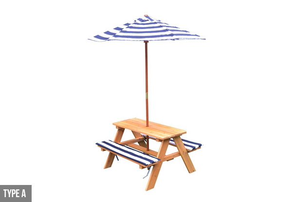 Kids Sized Wood Outdoor Picnic Table and Umbrella Set