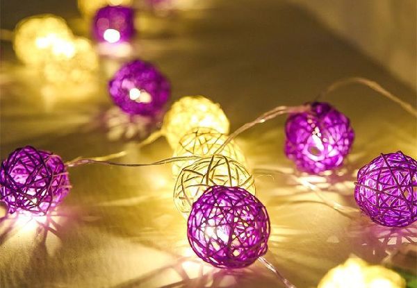 20 LED Rattan Ball String Fairy Lights - Three Colours Available