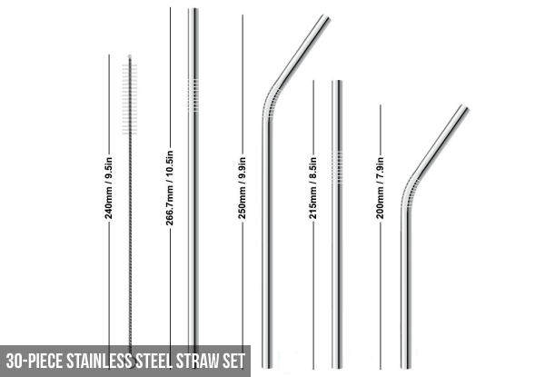 30-Piece Stainless Steel Straw Set - Option for 24-Piece Chrome Straw Set