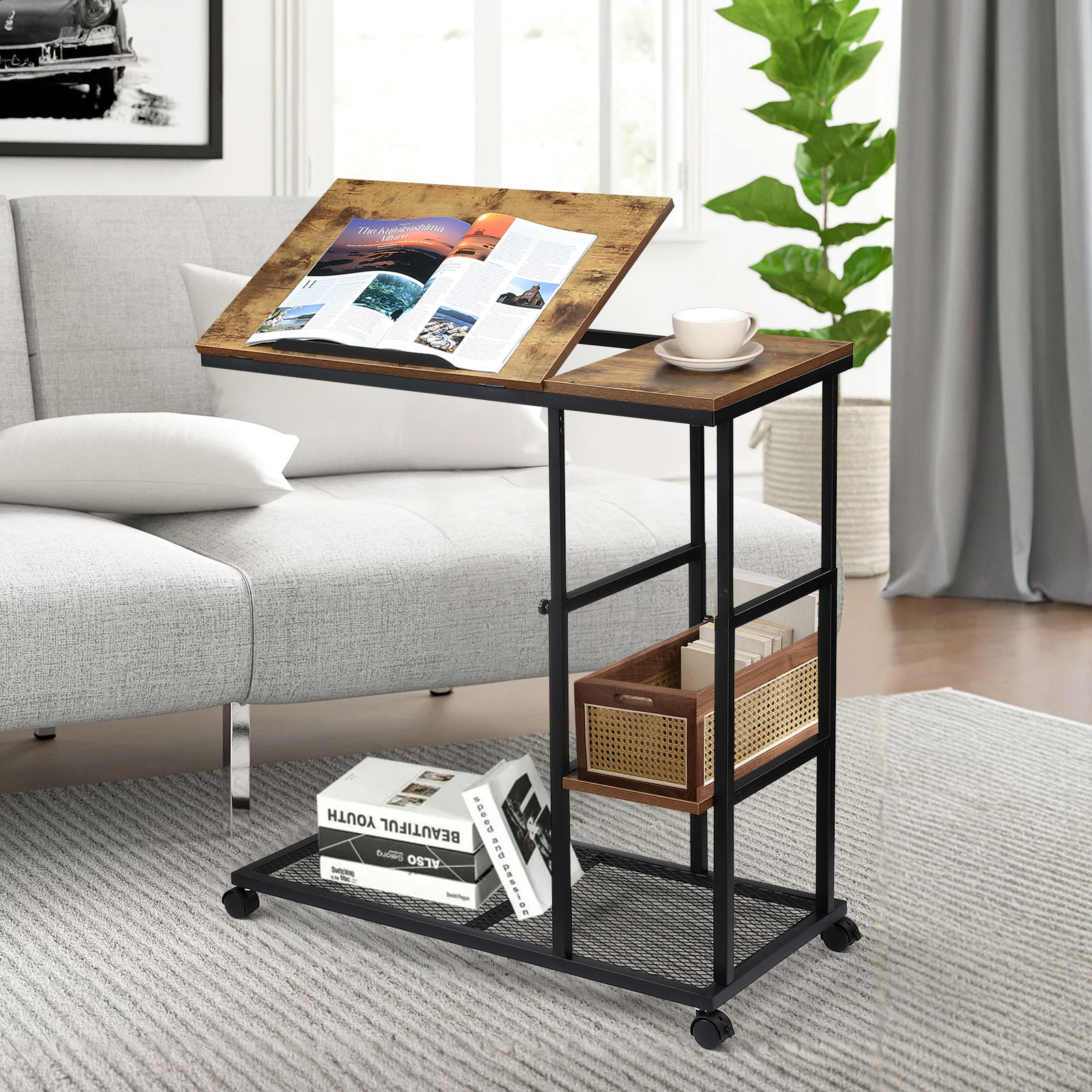 Sofa Side Table with Tiltable Top Board Shelf