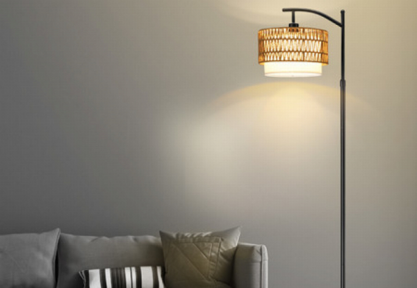 Black LED Floor Lamp with Rattan Lampshade