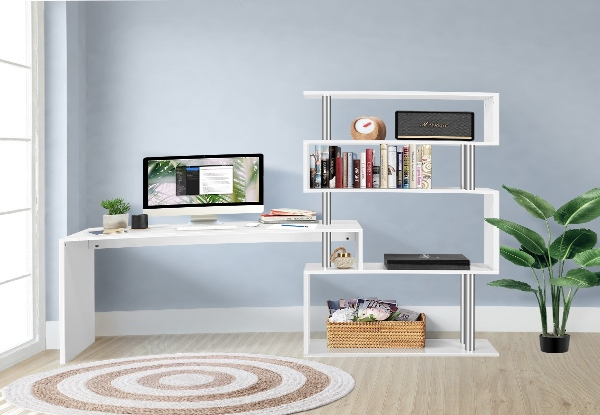 L-Shaped Rotating Home Desk with Four Tier Bookshelf