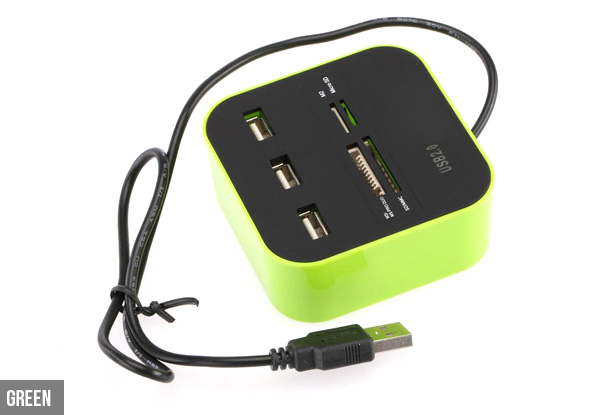 Memory Card Reader with Three USB Hubs - Three Colours Available with Free Delivery