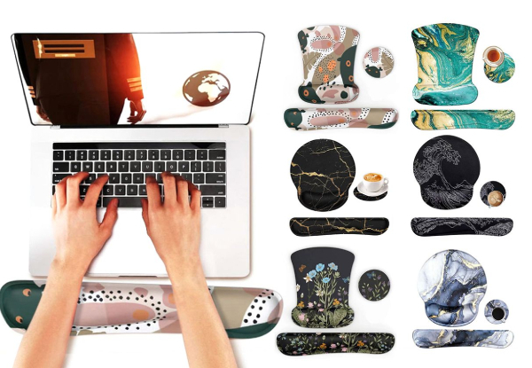 Three-Piece Keyboard Wrist Rest & Mouse Pad with Coaster Set - Six Styles Available & Option for Two-Pack