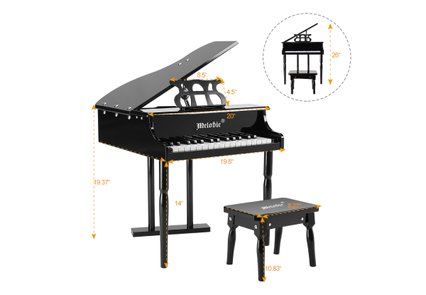 Melodic 30-Key Children's Grand Piano Wooden Toy with Bench Music Stand - Three Colours Available