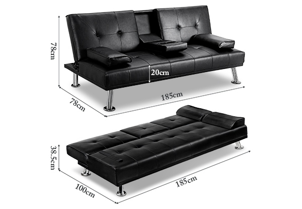 Three-Seater Convertible PU Leather Sofa Bed with Cup Holders - Two Colours Available