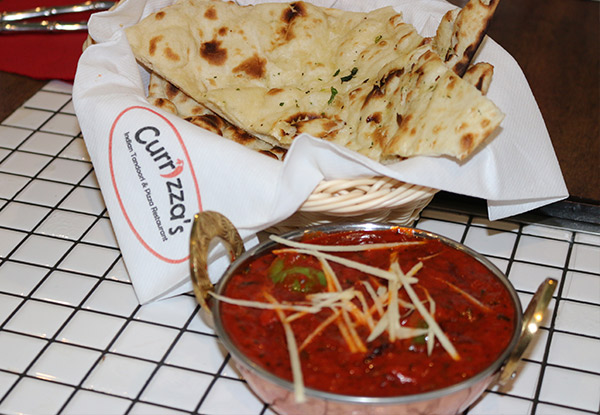 Indian Delight Dinner for Two incl. Indian Pizza or Pakoras Entree, Two Curries, Rice, Naan & Popadoms