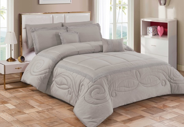 Seven-Piece Taupe King-Size Comforter Set with Crochet Decoration