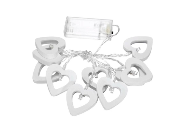 White Wood Heart Shaped Light Strings - Three Sizes Available