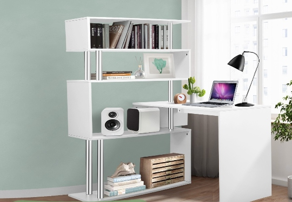 L-Shaped Rotating Home Desk with Four-Tier Bookshelf