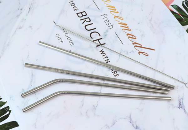 Four-Piece Reusable Stainless Steel Drinking Straw with Cleaner Brush - Option for Six-Piece Set
