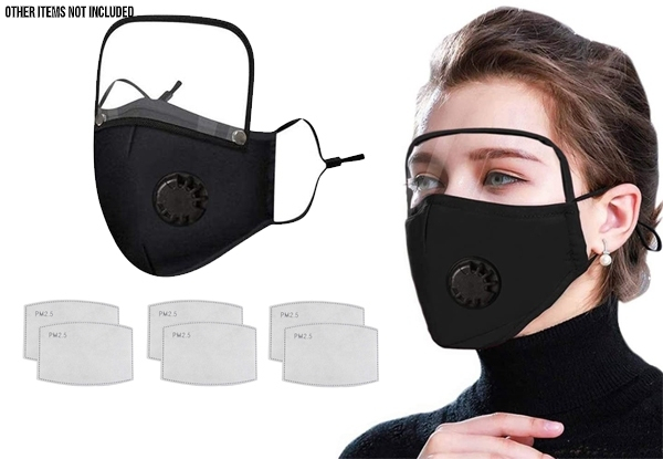 Reusable Face Mask with Shield & Six Filters - Options for Three or Five Packs & for Replacement Filter Packs
