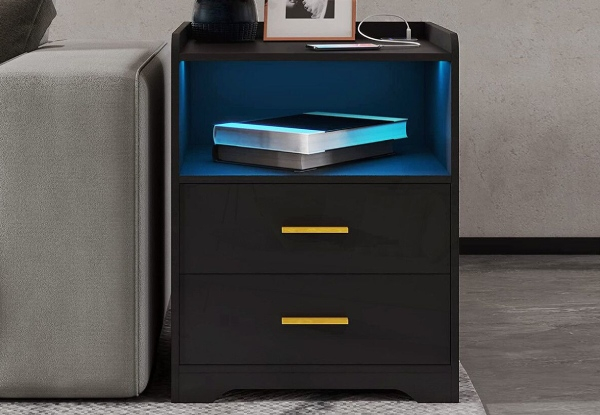 Luxsuite Two-Drawer Smart LED Bedside Table with USB Port