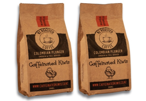 Two-Pack of Caffeinated Kiwis 200g Colombian Plunger Blend Coffee - Option for Four or Six-Pack