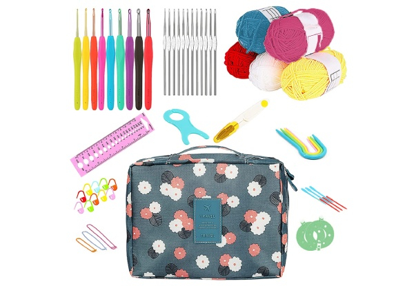 58Pcs/Set Crochet Kit with Storage Bag Yarn and Knitting Accessories Set Crochet  Hook Set for Beginners-Flower
