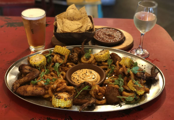 Mexican Platter to Share for Two People incl. Four Chicken Wings, Four Jalapeno Poppers, Two Mexican Street Corn, Papas Fitas & Tortilla Chips with Salsa & Two Beers or House Wines