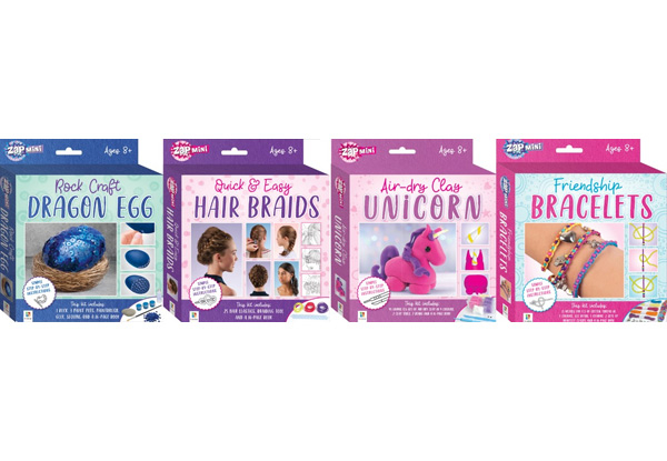 Four-Pack of Mini Zap Kits incl. Rock Craft Dragon Egg, Friendship Bracelets, Air-Dry Clay Unicorn & Hair Braids