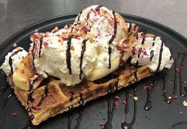Freshly Made Chocolate Decadent Waffle or Le Waffle Dessert with Gelato
