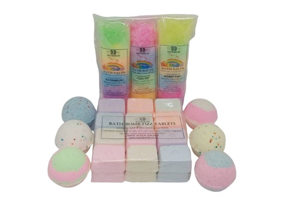 Kids Fun Bath Bomb Box incl. 3 Colourful Bath Salt Packs, 24 Fizz Bath Tablets & 6 Baby Bath Bombs