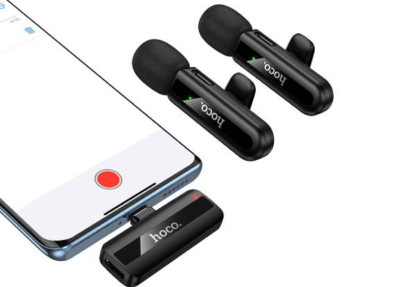 Hoco Dual Wireless Lapel Mic with USB-C Connector, Lightning Adaptor, & DSP Noise Cancellation