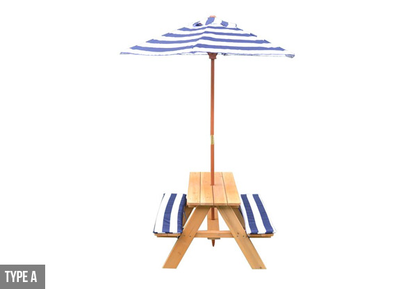 Kids Sized Wood Outdoor Picnic Table & Umbrella Set - Two Options Available