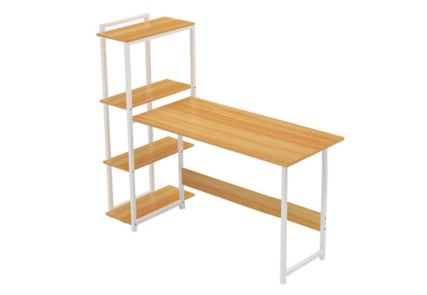 Steel Frame Wooden Desk with Four-Tier Shelf