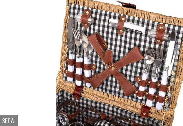 Four-Person Picnic Basket Set with Matching Outdoor Blanket  -  Three Options Available