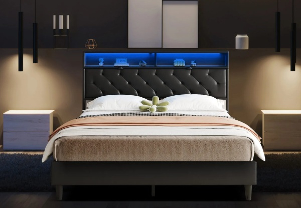 Wooden LED Bed Frame with Storage & Headboard - Two Sizes Available