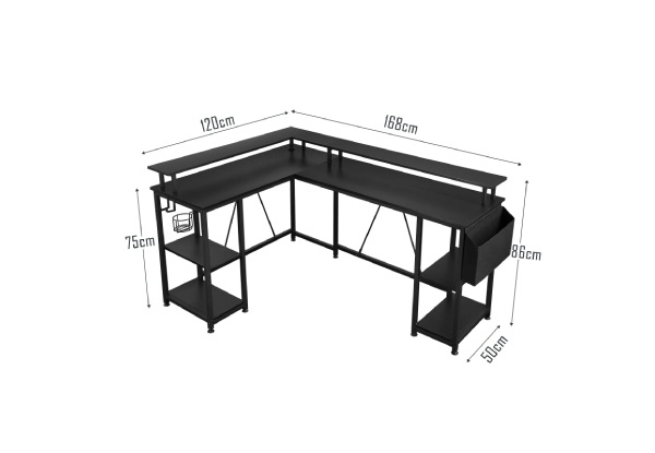 L-Shaped Gaming Desk Table with LED Lights & Storage Shelves