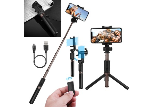 Black Bluetooth Extendable Selfie Stick Tripod with Remote Compatible with iOS & Android