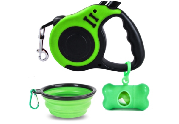 Three-Piece Dog Walking Set incl. Retractable Leash, Collapsing Water Bowl & Waste Bag Holder - Two Colours Available